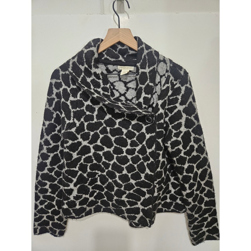 Christian Siriano New York Giraffe Print Wool Blend Funnel Neck Cardigan L Black